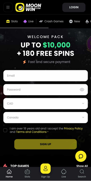 MoonWin Casino mobile app interface